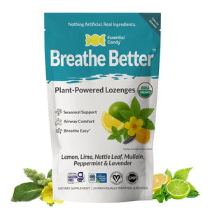 Package of Breathe Better plant-powered lozenges with lemon, lime, mullein, lavender, peppermint and nettle leaf graphics on a white background.