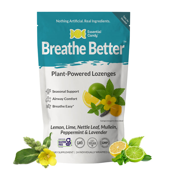 Package of 'Breathe Better' plant-powered lozenges with lemon, lime, and nettle leaf graphics on a white background.