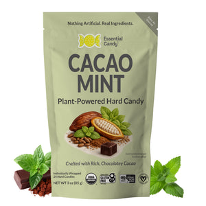 Cacao Mint plant-powered hard candy package with ingredients on a white background