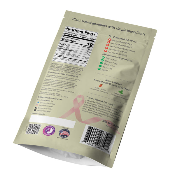 Back of Packaging of Essential Candy Cacao Mint hard candy on a white background