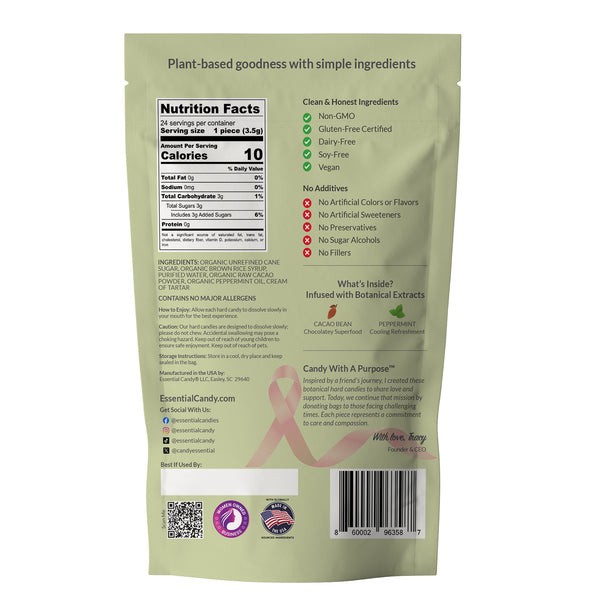 Back view of a green snack package with nutrition facts, ingredients, and branding information.