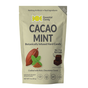 Packaging of Essential Candy Cacao Mint hard candy on a white background