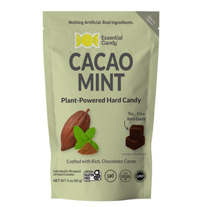 Packaging of Essential Candy Cacao Mint plant-powered hard candy on a white background