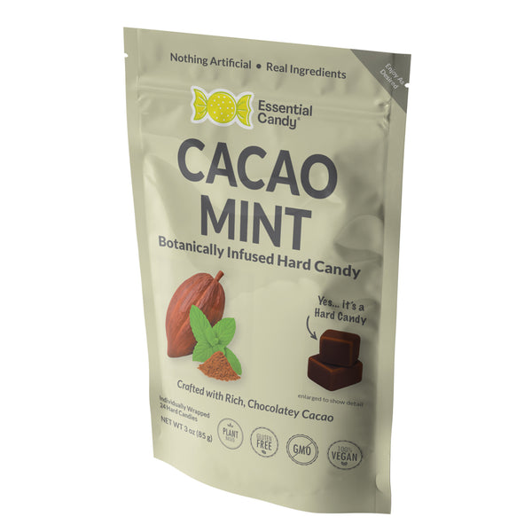 Package of Essential Candy Cacao Mint hard candy on a white background