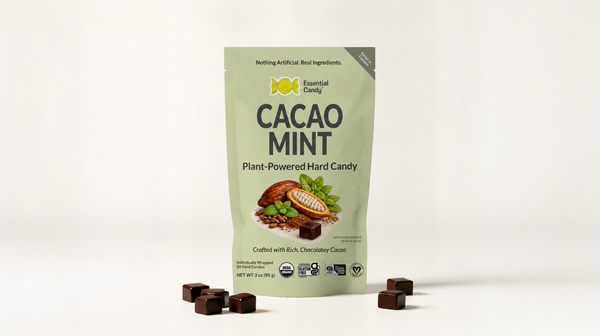 Packaging of Cacao Mint plant-powered hard candy with chocolate pieces on a white background