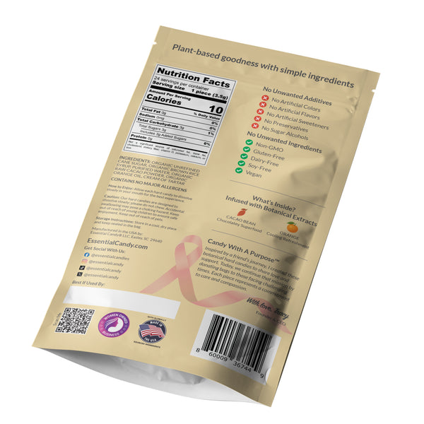 Back of Package of Cacao Orange hard candy with Essential Candy branding on a white background