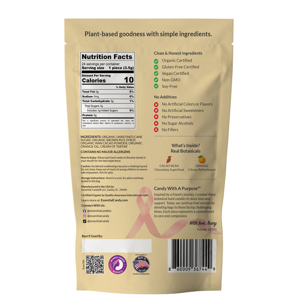 Back view of a kraft paper candy package showing nutrition facts, ingredients, certifications, and a barcode on a white background.