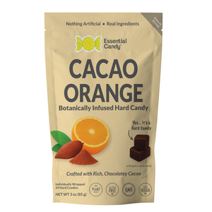 Package of Cacao Orange hard candy with Essential Candy branding on a white background