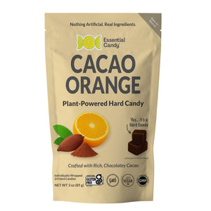 Packaging of Essential Candy Cacao Orange plant-powered hard candy on a white background