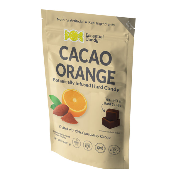 Package of Cacao Orange hard candy with Essential Candy branding on a white background
