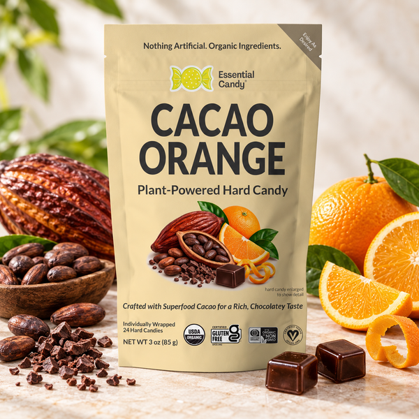 A stand-up pouch of Essential Candy Cacao Orange hard candy is centered on a light stone surface, surrounded by oranges, cocoa beans, chocolate pieces, and leaves. The package is cream-colored with large black text and fruit imagery, and the scene is styled to emphasize the orange-cacao flavor.