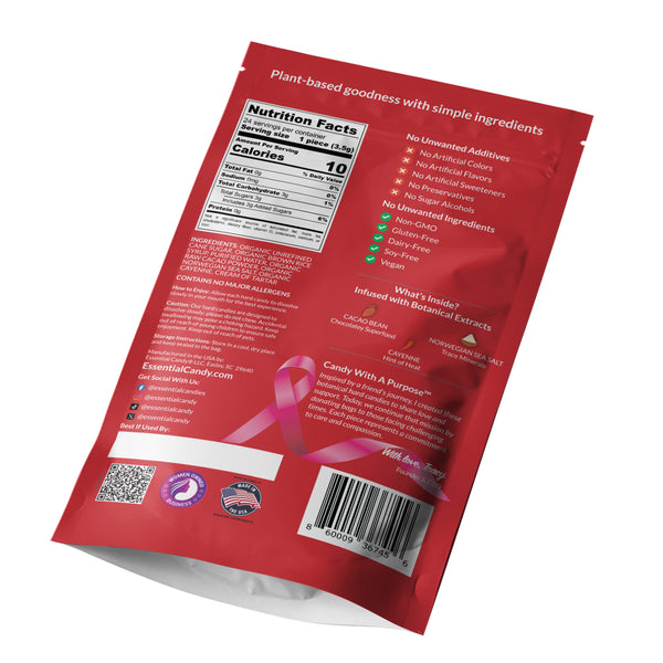 Essential Candy back of Cacao Sea Salt and Cayenne package with nutrition facts label and pink ribbon on a white background