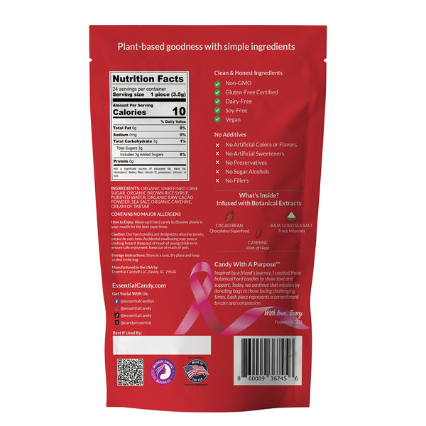 Back of a red candy package with nutrition facts, ingredients, and certification details on a white background.