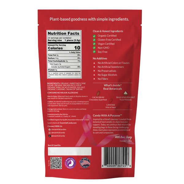 Back view of a red stand-up pouch package showing nutrition facts, ingredients, certifications, and a barcode on a white background.
