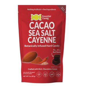 Red package of Essential Candy Cacao Sea Salt Cayenne hard candy on a white background