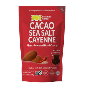 Red package of Essential Candy Cacao Sea Salt Cayenne hard candy on a white background