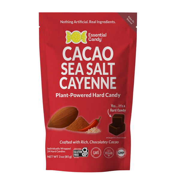 Red package of Essential Candy Cacao Sea Salt Cayenne hard candy on a white background