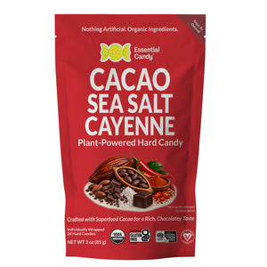 A 3 oz red stand-up pouch of Essential Candy Cacao Sea Salt Cayenne Plant-Powered Hard Candy, featuring white text and an illustration of cacao, sea salt, and cayenne pepper on the front.