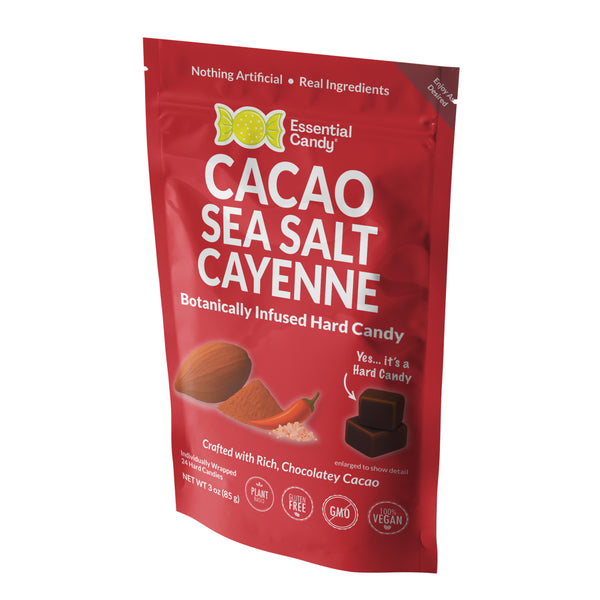 Red package of Essential Candy Cacao Sea Salt Cayenne hard candy on a white background