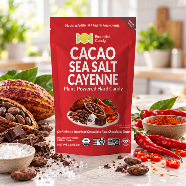 A red stand-up pouch of Essential Candy Cacao Sea Salt Cayenne plant-powered hard candy is centered on a countertop, surrounded by chocolate pieces, sea salt, red chili peppers, and cacao beans in a softly blurred kitchen setting.