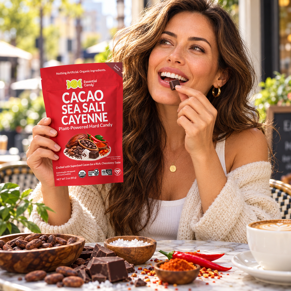A woman sitting at an outdoor cafe holds up a red bag of Essential Candy Cacao Sea Salt Cayenne hard candy while eating a piece of chocolate candy. The table is decorated with chocolate pieces, red chili peppers, and bowls of ingredients.