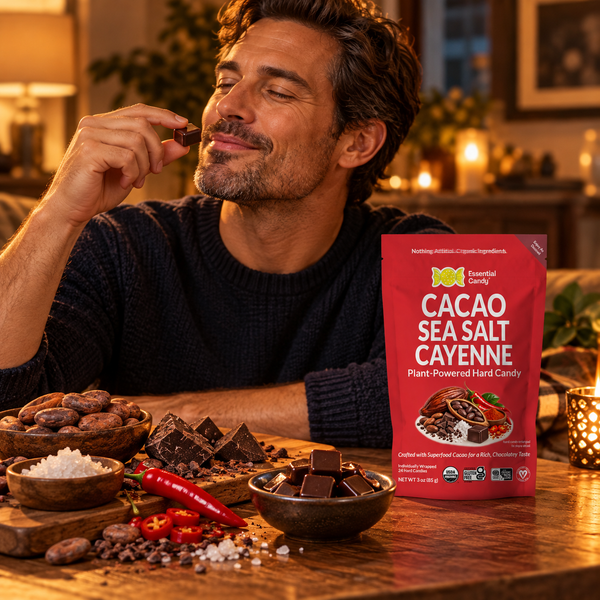 a man enjoying Essential Candy Organic Cacao Sea Salt Cayenne hard candy in the evening. 