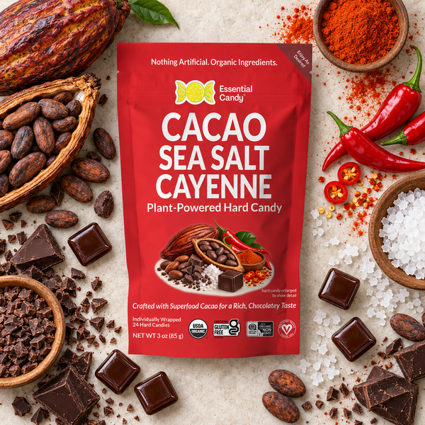 Cacao Sea Salt Cayenne Organic Hard Candy with ingredients surrounding the product bag