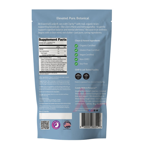 Supplement package with blue back panel displaying text and logos on a white background