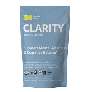 Package of Clarity Botanical Lozenges by Essential Candy on a white background