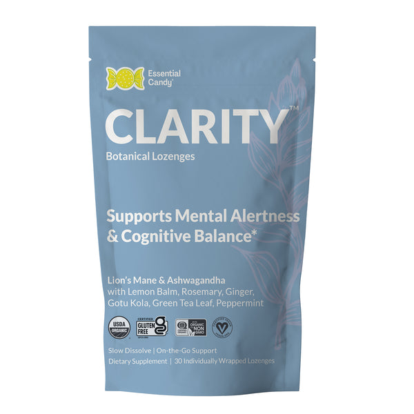 Package of Clarity Botanical Lozenges by Essential Candy on a white background