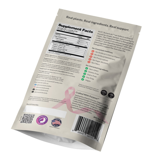 Back of Package of Eco Botanicals by Essential Candy Digestive Blend Botanical Lozenges with lemon, ginger, slippery elm, and peppermint on a white background