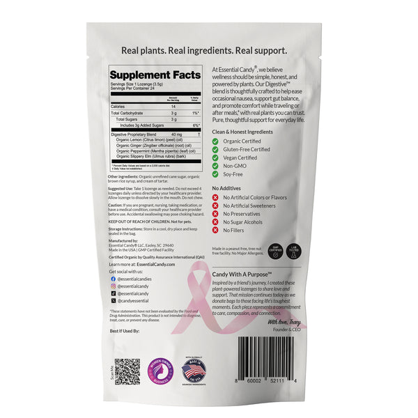 Essential Candy Digestive Blend Botanical Lozenges back of bag showing supplement facts panel
