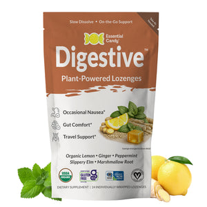 Package of Digestive Plant-Powered Lozenges with lemon and ginger illustrations on a white background