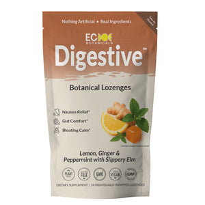 Package of Eco Botanicals by Essential Candy Digestive Blend Botanical Lozenges with lemon, ginger, slippery elm, and peppermint on a white background
