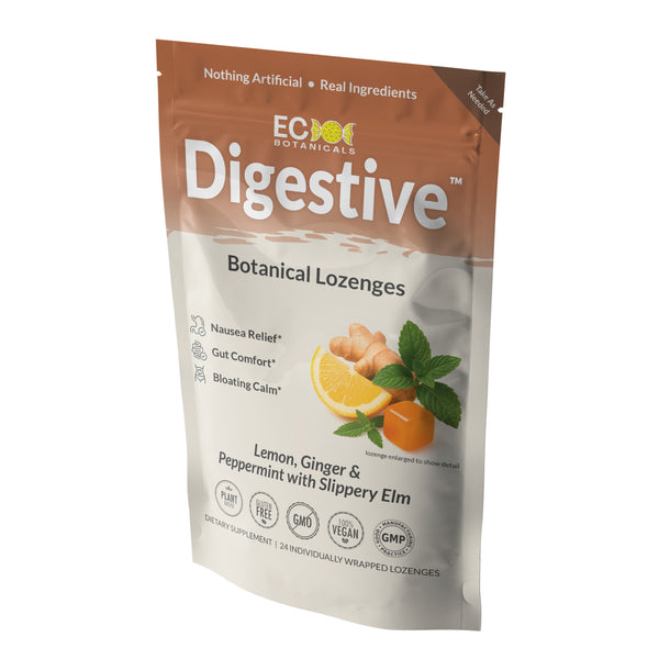 Package of Eco Botanicals by Essential Candy Digestive Blend Botanical Lozenges on a white background