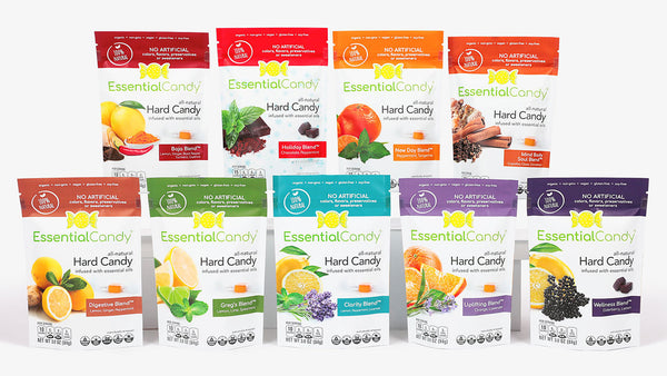 Essential Candy makes healthy hard candy infused with pure organic essential oils plus plant botanicals and all-natural, organic, non-GMO, gluten-free, vegan, soy-free, dairy-free, and contains no artificial colors, flavors, sweeteners or preservatives