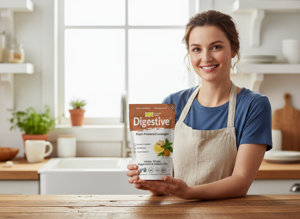 Woman in a kitchen holding a product bag labeled 'Digestive' Blend from Essential Candy.