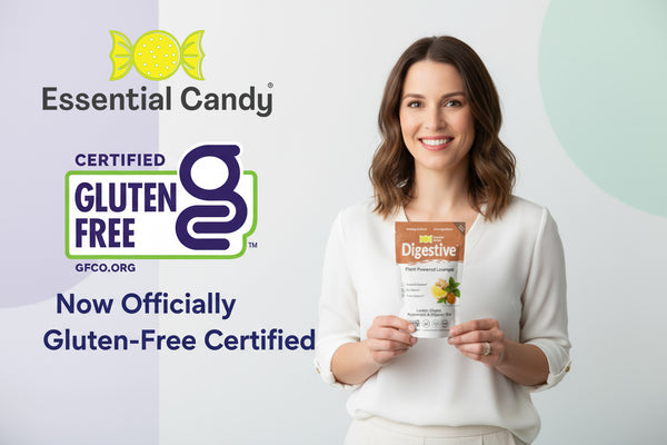Woman holding a gluten-free product with Essential Candy and Gluten-Free Certification logos on a white background