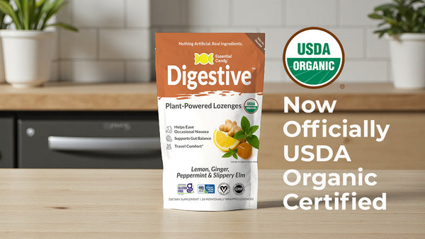 Packaging of Digestive lozenges with USDA Organic certification label on a kitchen counter.