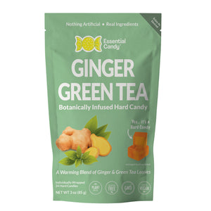 Green package of Essential Candy Ginger Green Tea hard candy with branding and product details.