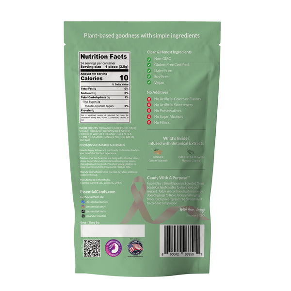 Green package of Ginger Green Tea with nutrition facts and ingredient information on a white background