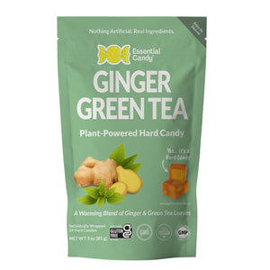 Green package of Essential Candy Ginger Green Tea hard candies on a white background
