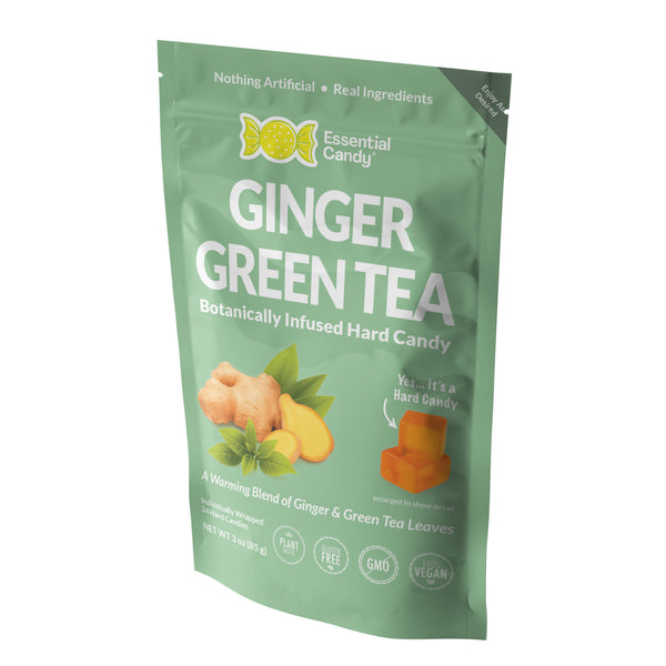 Green package of Essential Candy Ginger Green Tea hard candy with branding and product details.