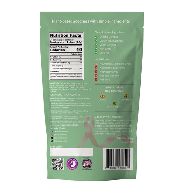 Back of a green package with nutrition facts and ingredient information on a white background