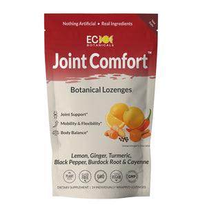Package of EC Botanicals by Essential Candy for its Joint Comfort Botanical Lozenges on a white background