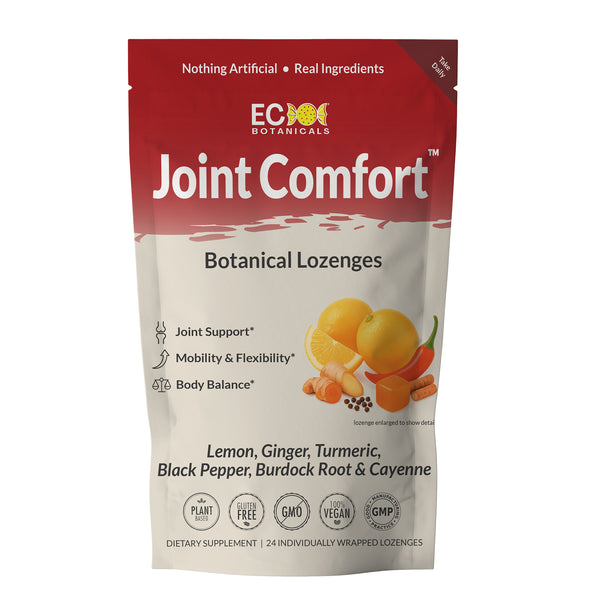 Package of EC Botanicals by Essential Candy for its Joint Comfort Botanical Lozenges on a white background