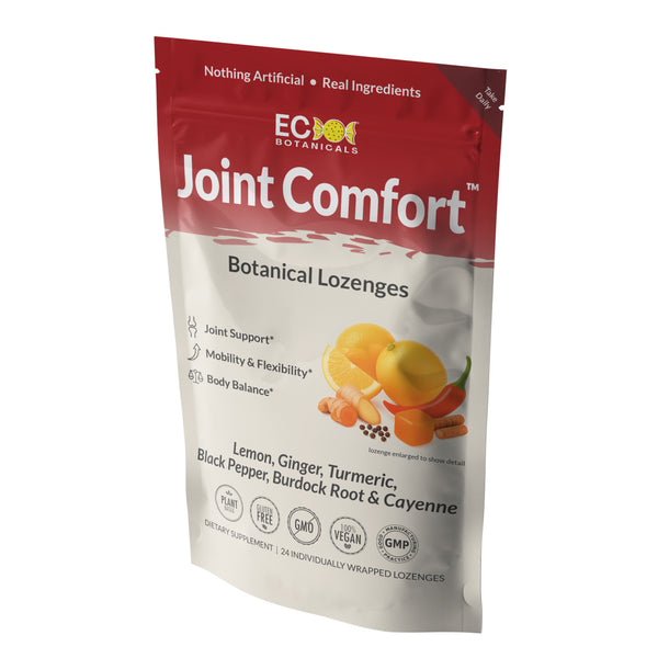 Package of EC Botanicals by Essential Candy for its Joint Comfort Botanical Lozenges on a white background