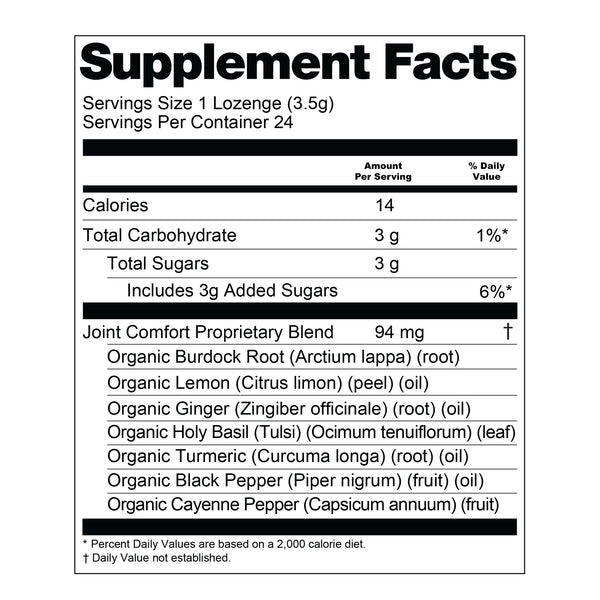 Supplement facts label for Joint Comfort product with various ingredients listed.