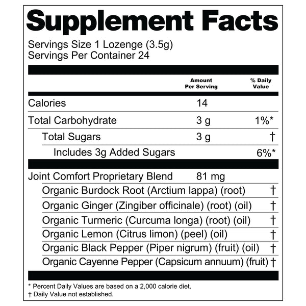 Joint Comfort Supplement facts label for a lozenge product with nutritional information and ingredient list.
