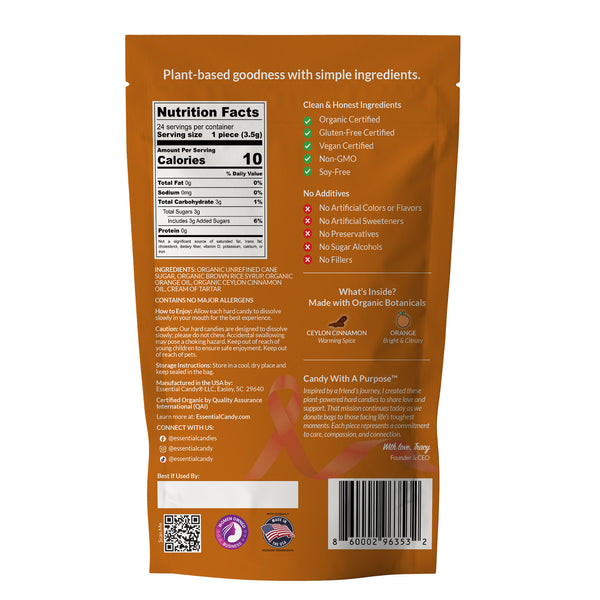 Back view of a 3 oz bag of Organic Botanicals Candy With A Purpose, featuring a brown packaging design with a white nutrition facts panel, product certifications, and a barcode.
